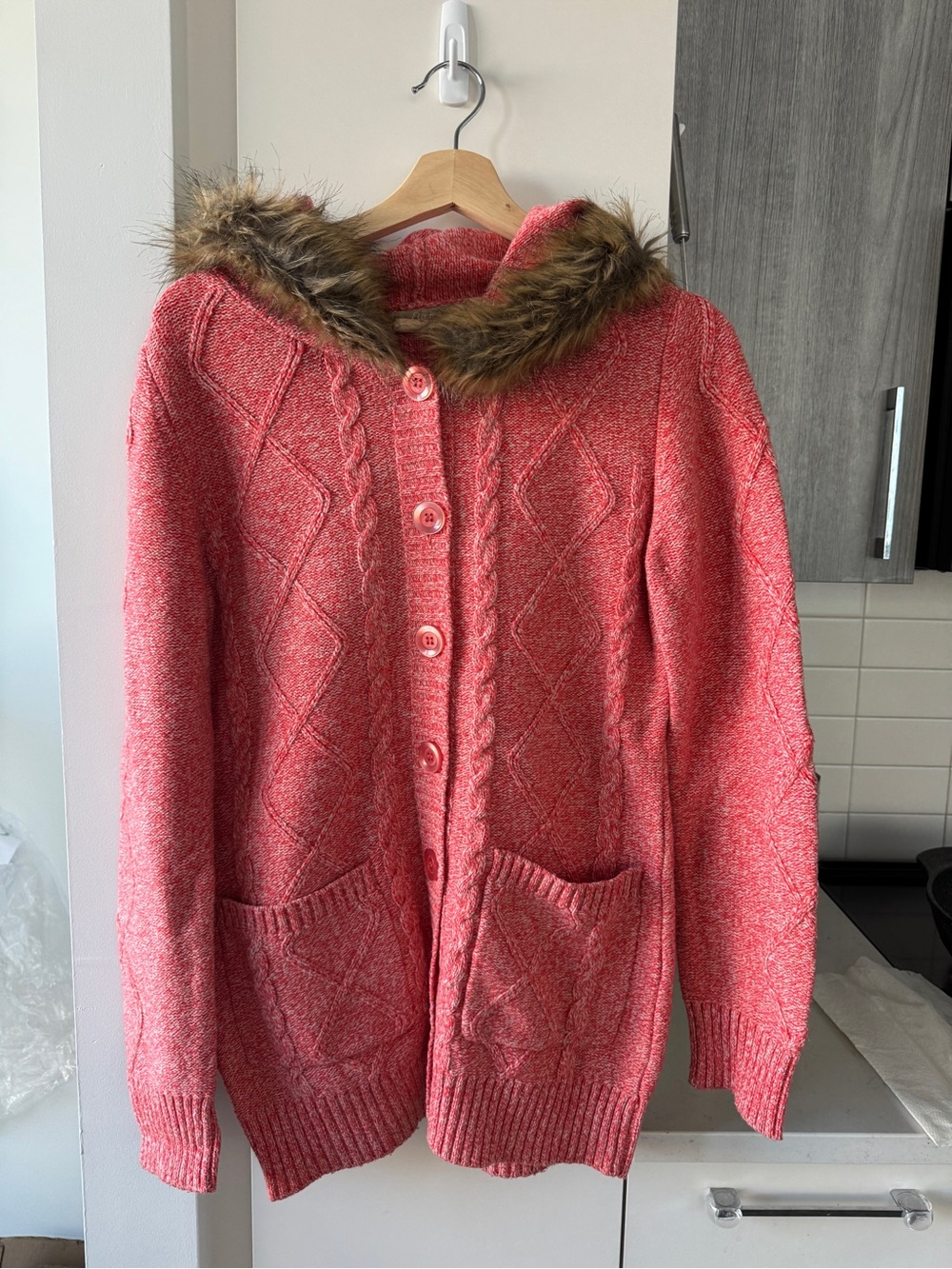 Faux-Fur Hooded Cable Wool Sweater Cardigan - Coral Pink